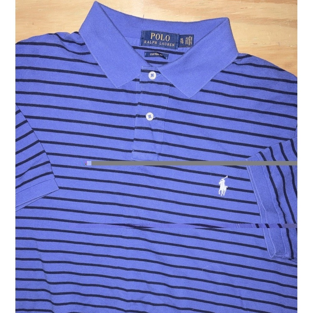 Polo Ralph Lauren Knit Polo Shirt Blue Striped Short Sleeve XL Custom‎ Fit